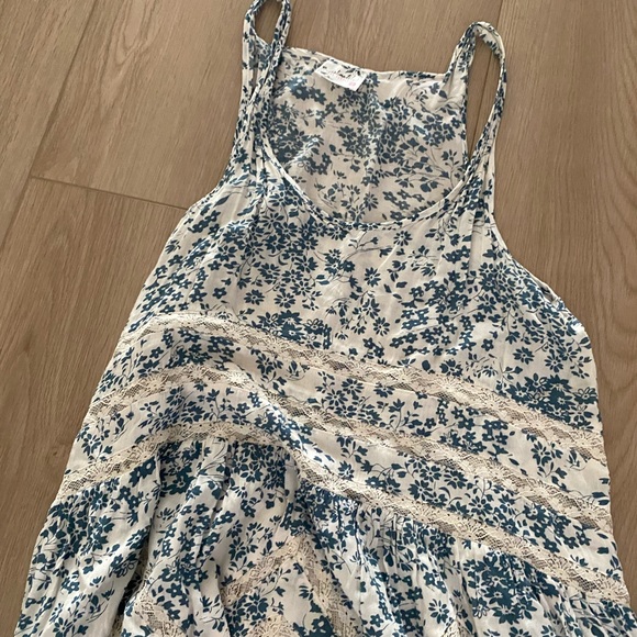 FREE PEOPLE WHITE TEAL MIDI FLORAL PRINT PATTERN / LACE DRESS SIZE EXTRA SMALL - Picture 5 of 7